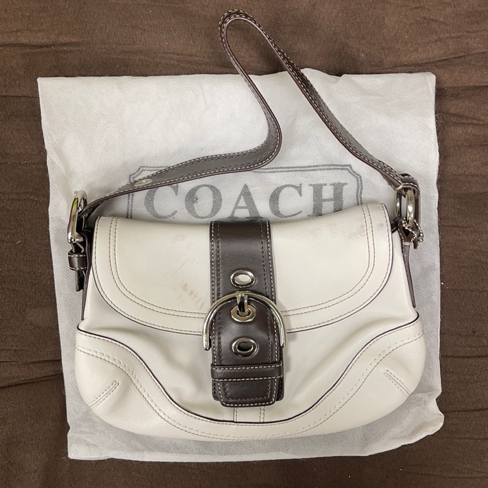 Coach SoHo White Leather Bag with Brown Leather Trim and Dust Cover